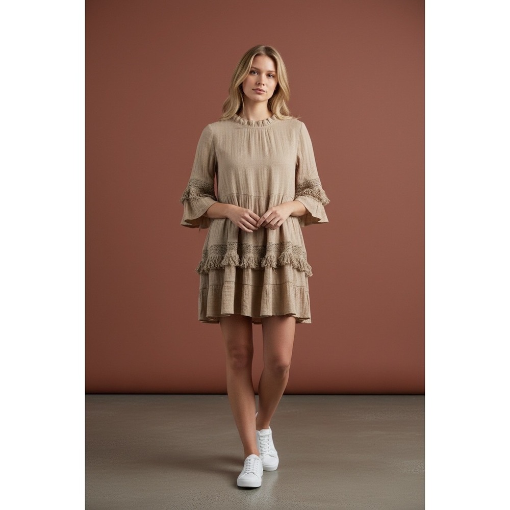 Lady Noiz Taupe Brown Tiered Boho Babydoll Dress Crochet Lace Fringe J539 Medium